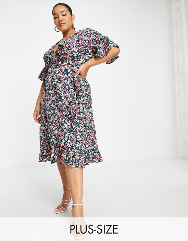 AX Paris Plus wrap midi flutter sleeve dress in dark floral