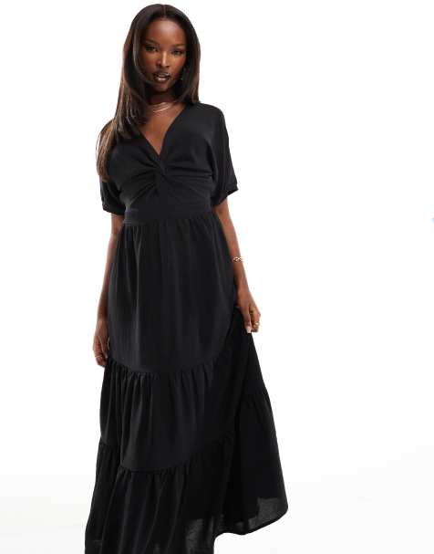 AX Paris poplin puff sleeve tiered hem tie back midaxi dress in black - view 1