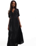 [AX Paris] AX Paris poplin puff sleeve tiered hem tie back midaxi dress in black 10 BLACK