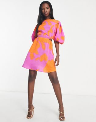 AX Paris puff sleeve cut out side detail mini skater dress in pink and orange floral