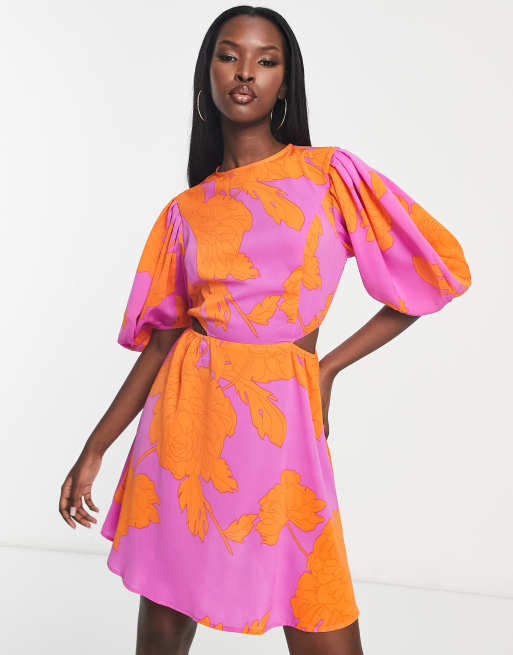 Navy And Orange Floral Printed Puff Sleeve Smock Dress – AX Paris