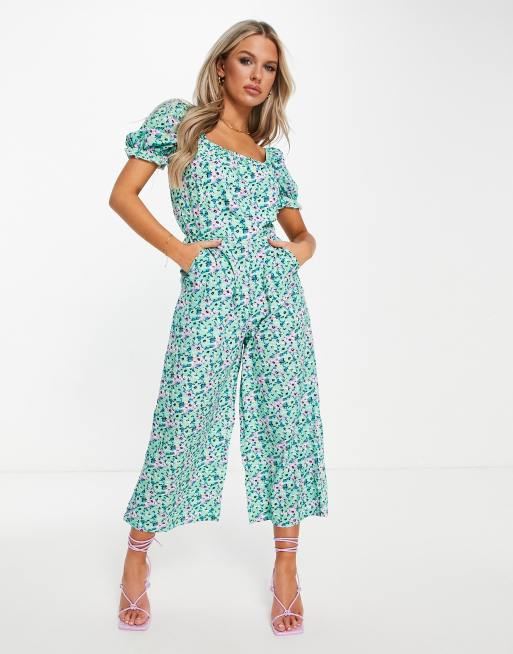 AX Paris puff sleeve jumpsuit in green print ASOS