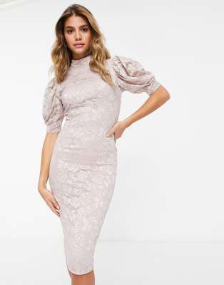 AX Paris puff sleeve midi dress in light pink-Grey