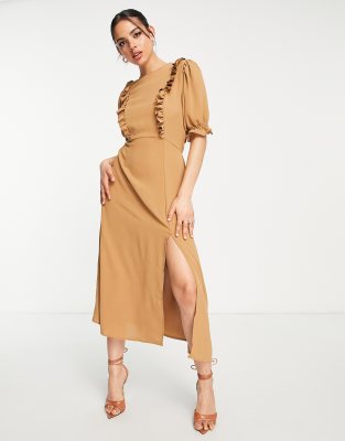 AX Paris puff sleeve midi dress with ruffle detail in beige - ASOS Price Checker