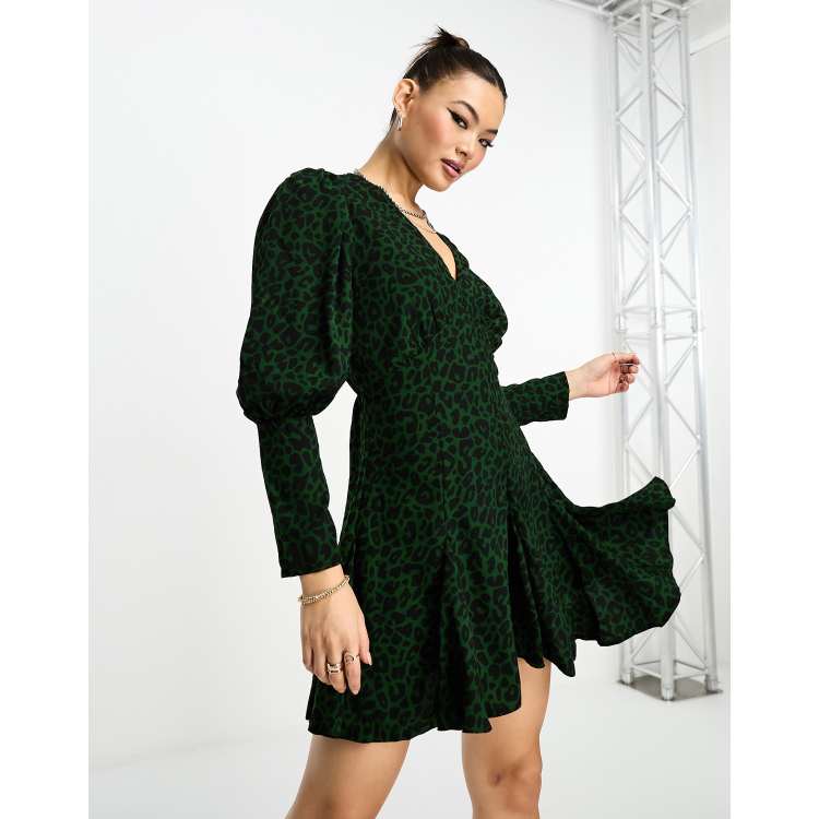 green emerald velvet dress Green Animal Print Gold Button Gathered Midi Dress – AX Paris main image 0
