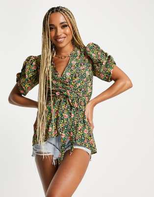 AX Paris AX Paris puff sleeve wrap top in floral-Multi