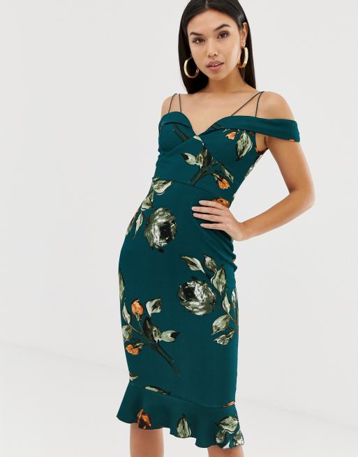 AX Paris - Robe mi-longue à épaules nues et motif fleurs