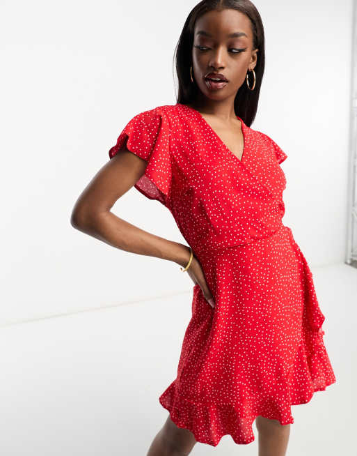 AX Paris Robe mi longue manches courtes et motif pois Rouge