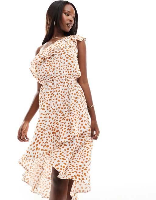 AX Paris Robe mi longue asymetrique a pois et volants Creme et marron ASOS