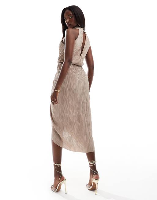 AX Paris - Robe mi-longue dos-nu plissée - Taupe, 3 de 4