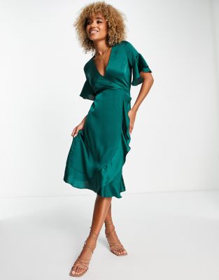 AX Paris Robe mi longue portefeuille a volants Vert emeraude