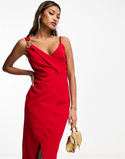 AX Paris - Robe portefeuille mi-longue à bretelles avec chaîne dorée - Rouge, 4 de 4