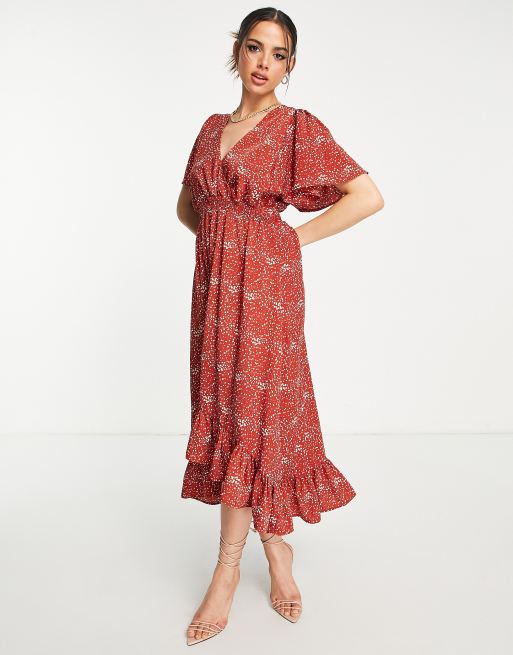 AX Paris - Robe portefeuille mi-longue à imprimé fleuri - Rouille