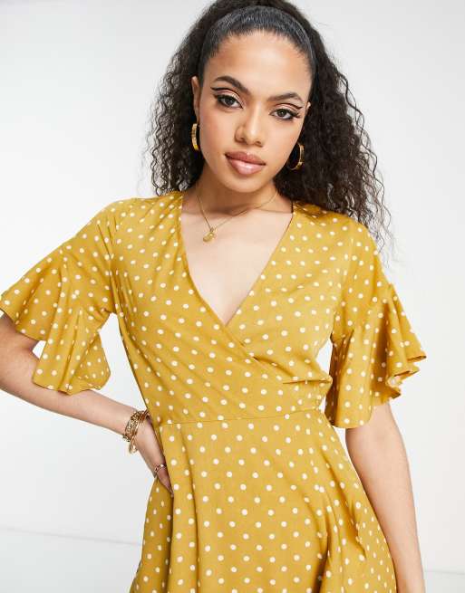 AX Paris Robe portefeuille mi-longue à volants Moutarde à pois