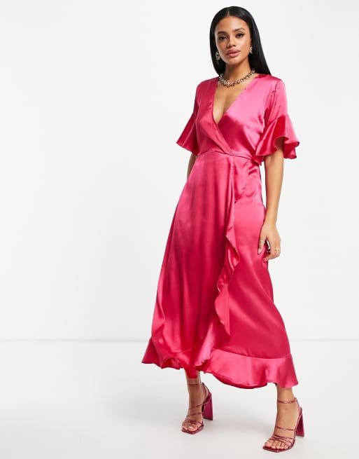 AX Paris - Robe portefeuille mi-longue en satin - Fuchsia