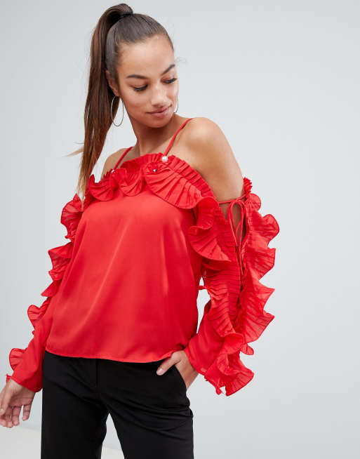 Ax Paris Rote Bluse Mit Ruschen Asos