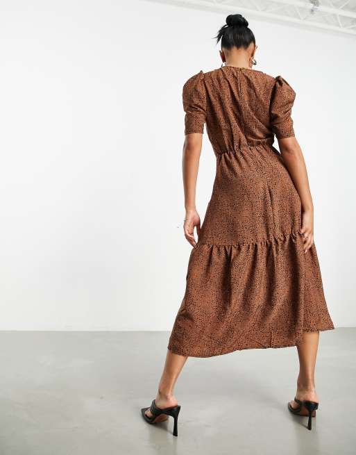 AX Paris round neck midi dress in brown polka dot