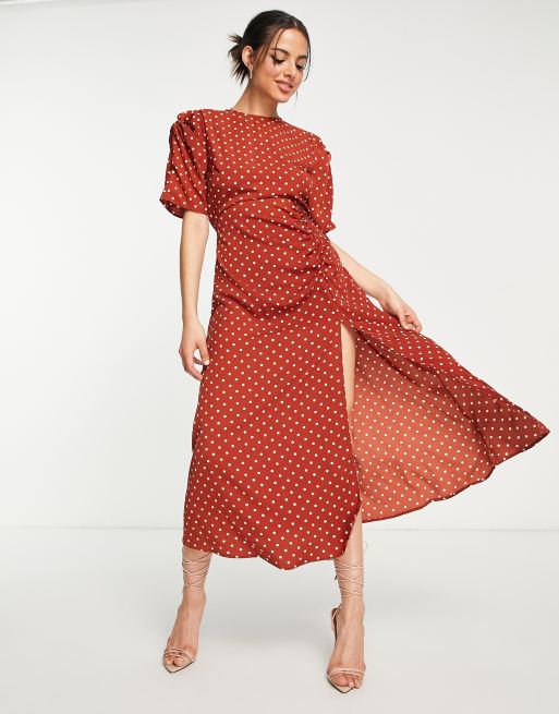 Red polka dot store midi dress