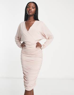 AX Paris ruched bat wing midi dress in soft pink | ASOS