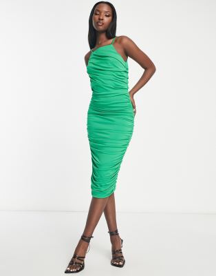 Ax Paris Ruched Cami Square Neck Midi Dress In Green