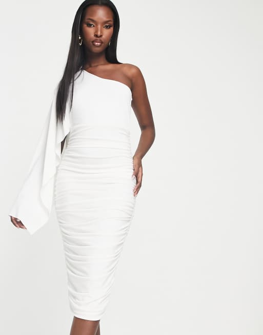 AX Paris ruched one shoulder cape midi dress in white