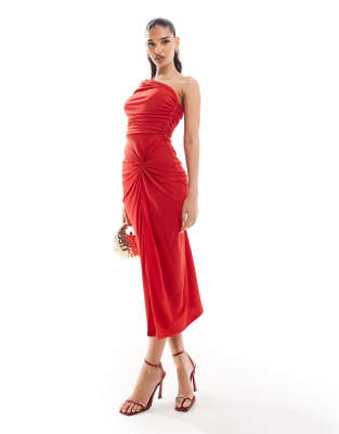 ruched one-shoulder twist detail bodycon midi dress in red