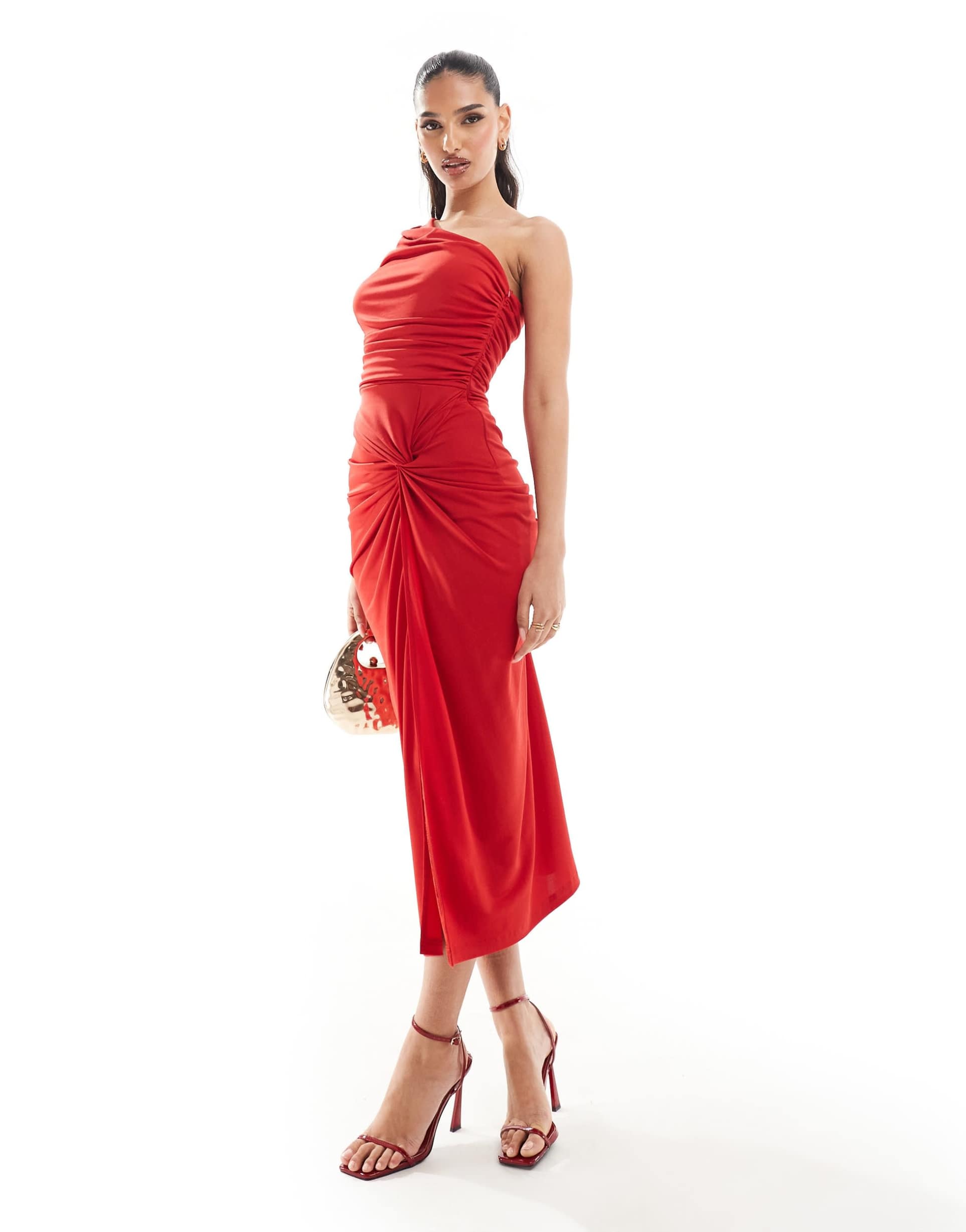 ax paris ruched one-shoulder twist detail bodycon midi dress in red