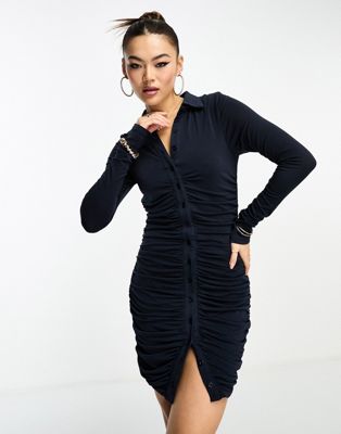 AX Paris ruched polo long sleeve mini dress in navy  - ASOS Price Checker