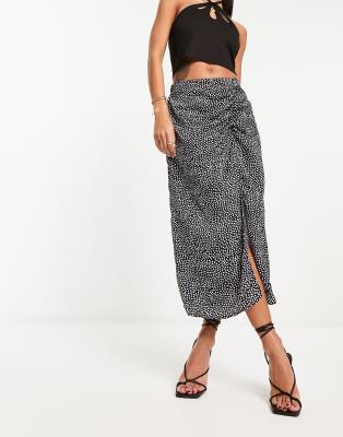 AX Paris AX Paris ruched split front midi skirt in black and white polka dot