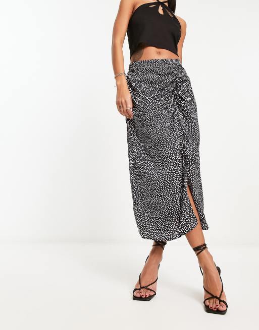 AX Paris ruched split front midi skirt in black and white polka