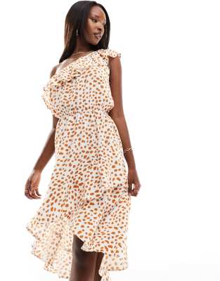 Ax Paris Ruffle One Shoulder Tiered Midi Dress In Cream And Brown Spot Print-white In Neutral