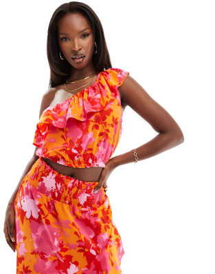 AX Paris ruffle one shoulder top co-ord in orange and pink floral-Multi