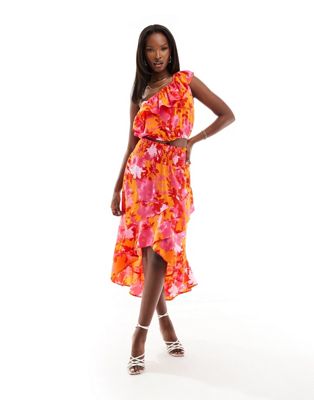 ruffle trim midi skirt in orange and pink floral - part of a set-Multi