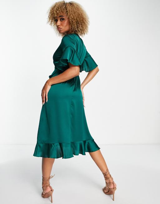 Dark green satin midi sales dress