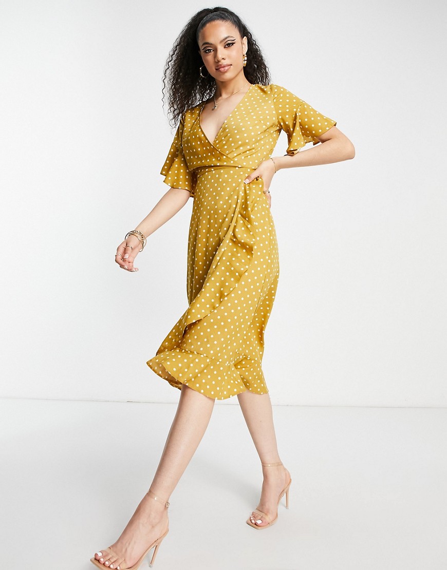 AX Paris ruffle wrap midi dress in mustard polka-Yellow