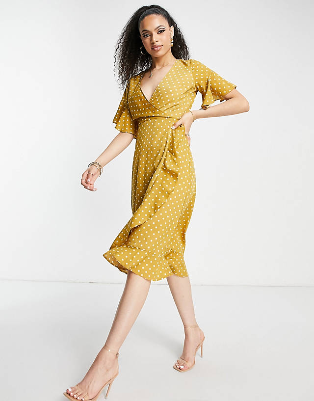 AX Paris - ruffle wrap midi dress in mustard polka