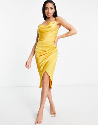 satin cowl front pencil dress with asymmetric skirt in mustard-Yellow