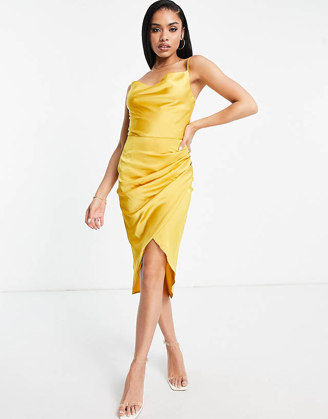 AX Paris - satin cowl front pencil dress with asymmetric skirt in mustard