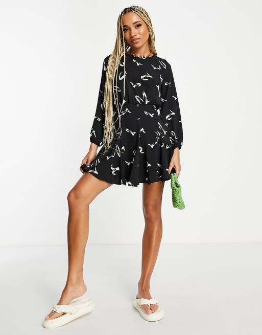 AX Paris satin mini dress with long sleeves in black abstract