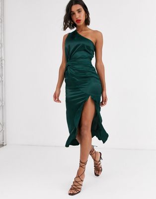 AX Paris satin one shoulder dress in green | ASOS
