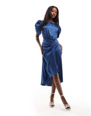 AX Paris AX Paris satin puff sleeve drape detail midi dress in navy