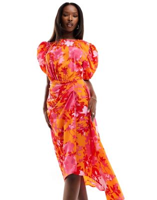 AX Paris satin puff sleeve drape detail midi dress in orange and pink floral