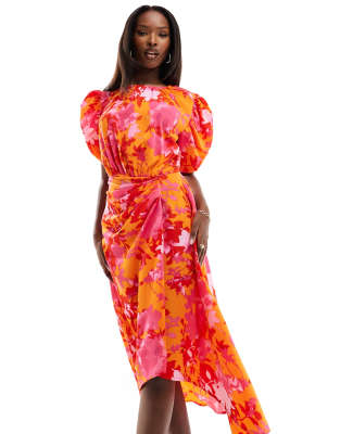 AX Paris satin puff sleeve drape detail midi dress in orange and pink floral-Multi