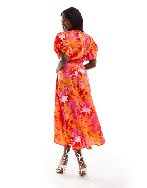 AX Paris satin puff sleeve drape detail midi dress in orange and pink floral