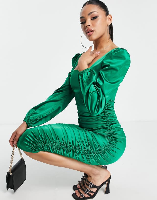 AX Paris satin puff sleeve midi dress in emerald green