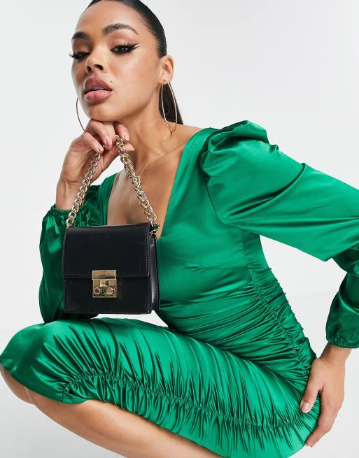 AX Paris satin puff sleeve midi dress in emerald green