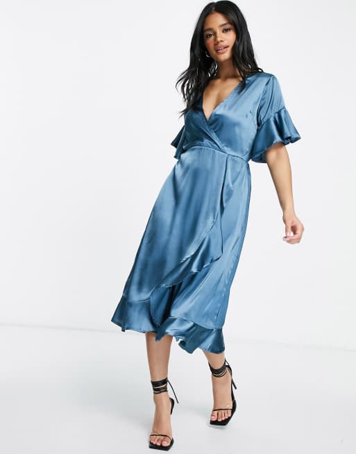 Satin ruffle cheap midi dress