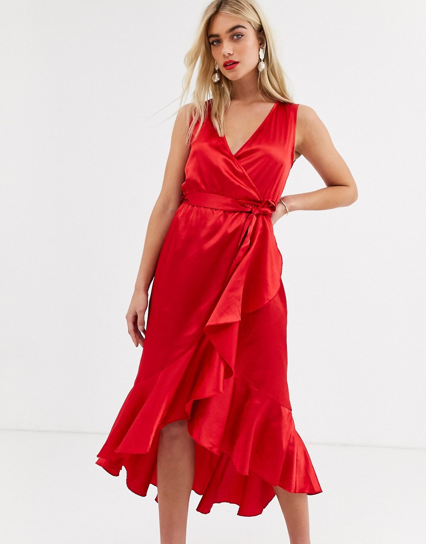 AX Paris satin ruffle midi wrap dress in red