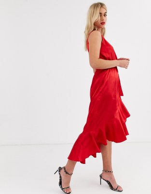 satin ruffle midi dress