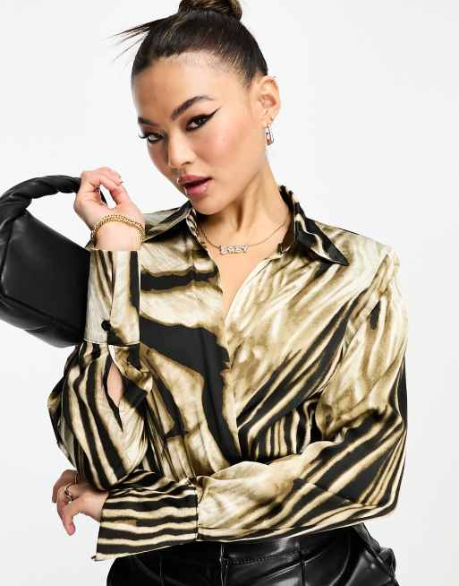 AX Paris satin shirt bodysuit in animal print